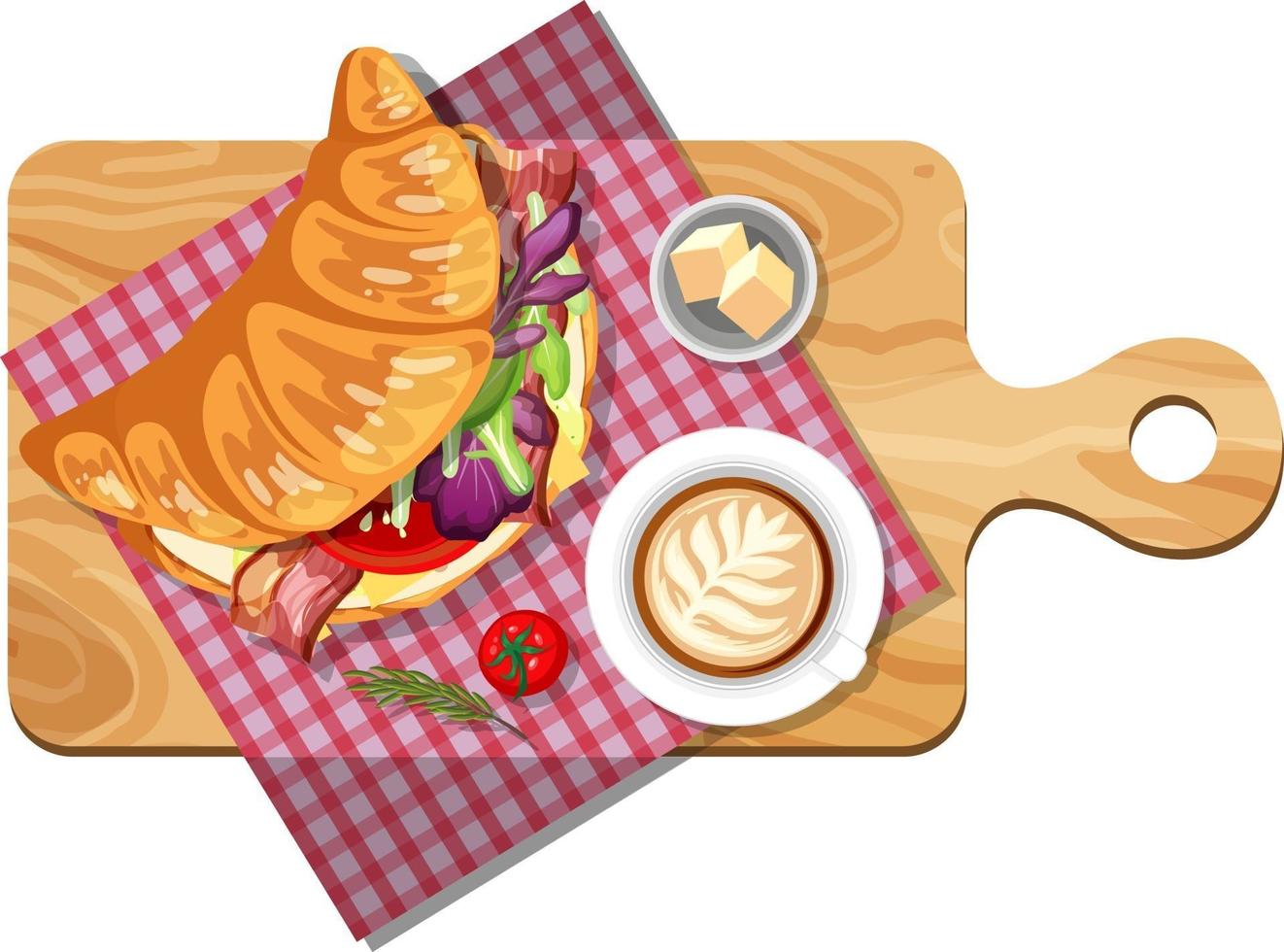 ontbijtset met croissantsandwich en een kopje koffie op houten bord vector