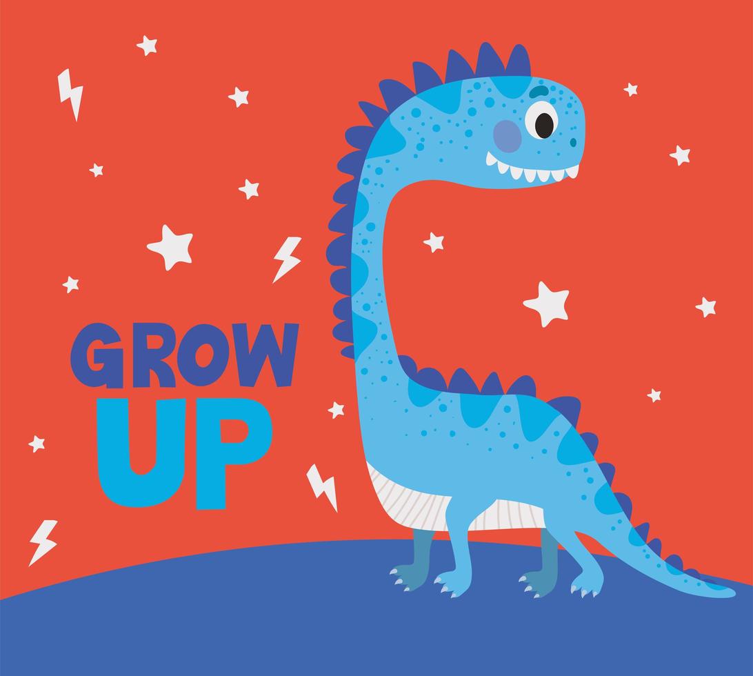 opgroeien belettering en een kinderillustratie van een blauwe dinosaurus vector