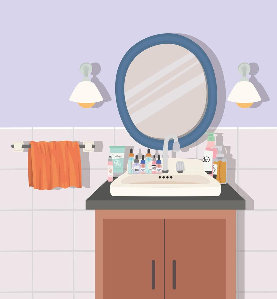 badkamer met spiegel en huidverzorgingsproducten vector