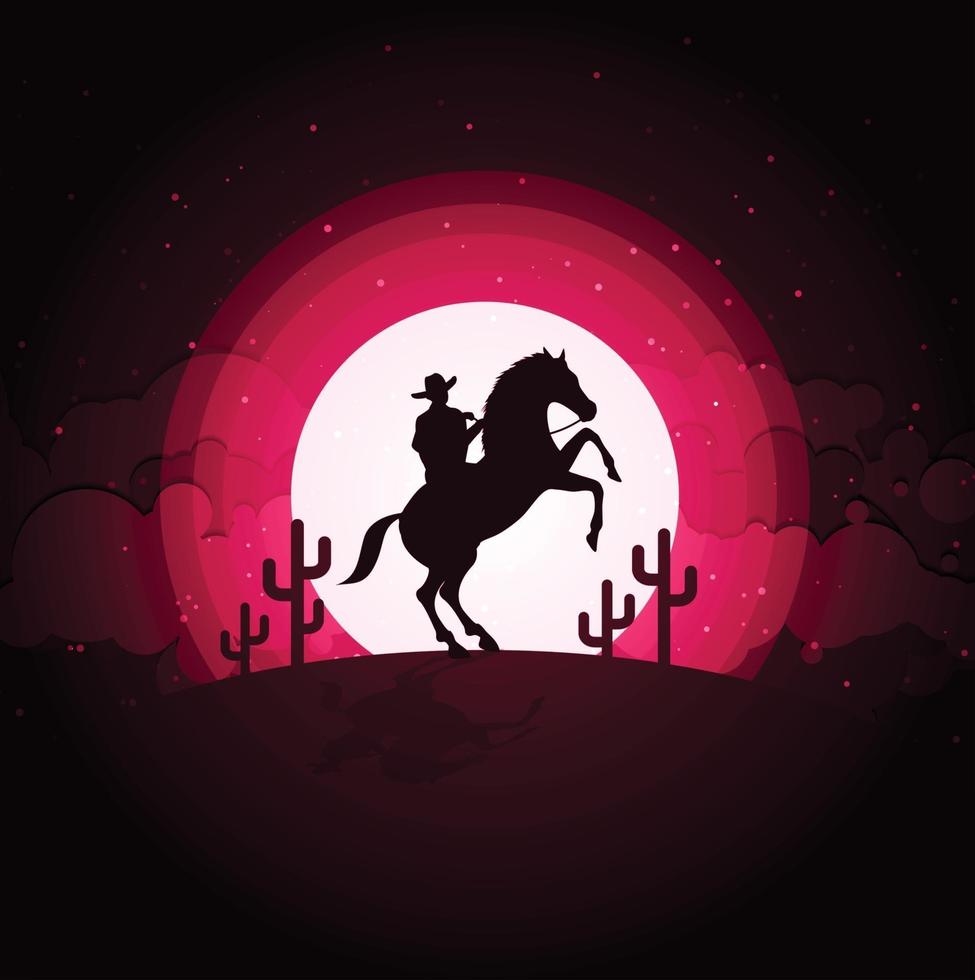 Amerikaanse cowboy met paard wilde westen maan nacht landschap achtergrond vector