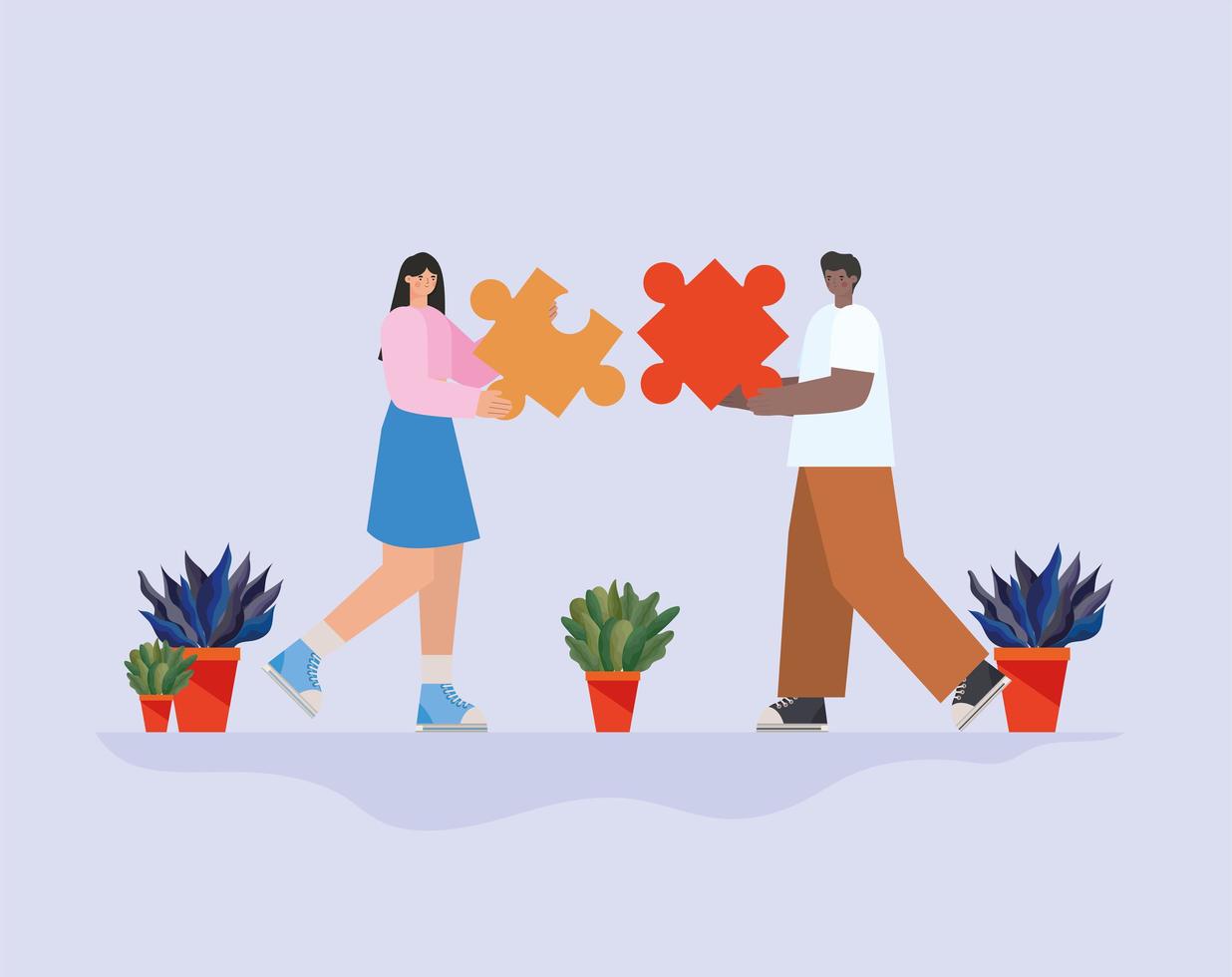 man en vrouw met elk een puzzelstukje en planten vector