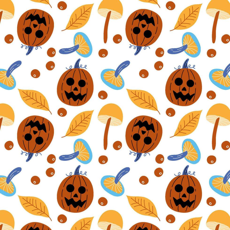achtergrond voor textiel, decoratief element voor de herfst festival, halloween feest. herfst pompoen patroon met bladeren en paddestoelen, pret halloween. vector