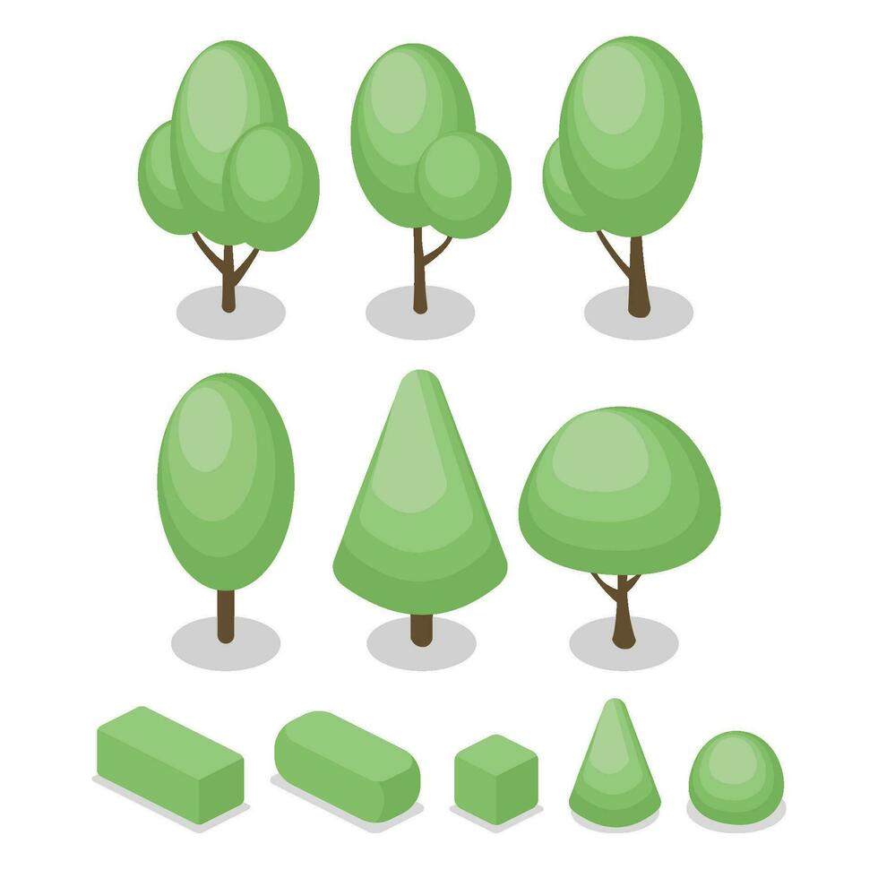reeks van isometrische bomen en struiken in verschil vorm met schaduw. voor landschap tuin decoratie. vlak kleur illustratie vector geïsoleerd Aan wit achtergrond.