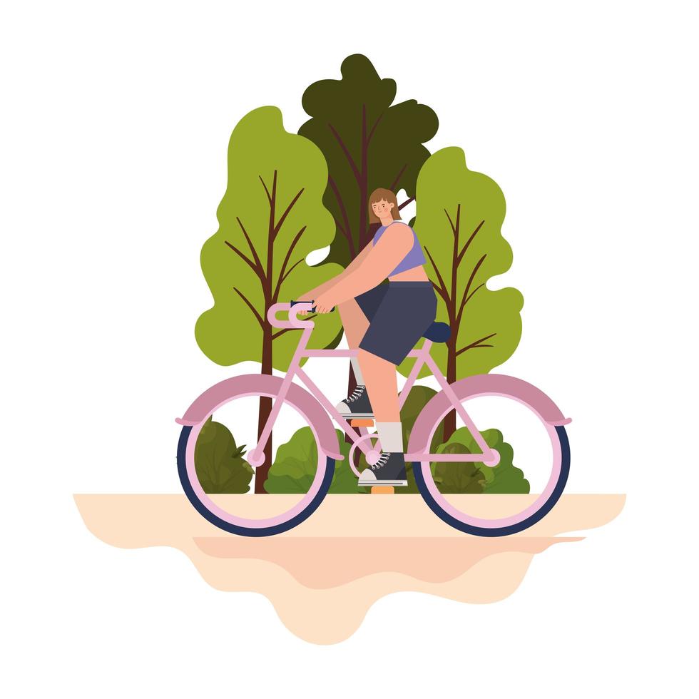 vrouw over een paarse fiets in een park vector