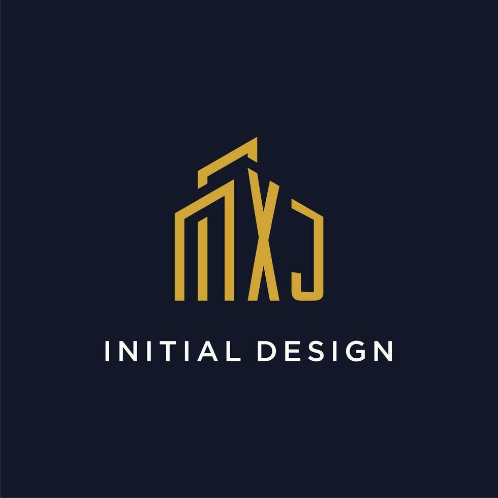 xj eerste monogram met gebouw logo ontwerp vector