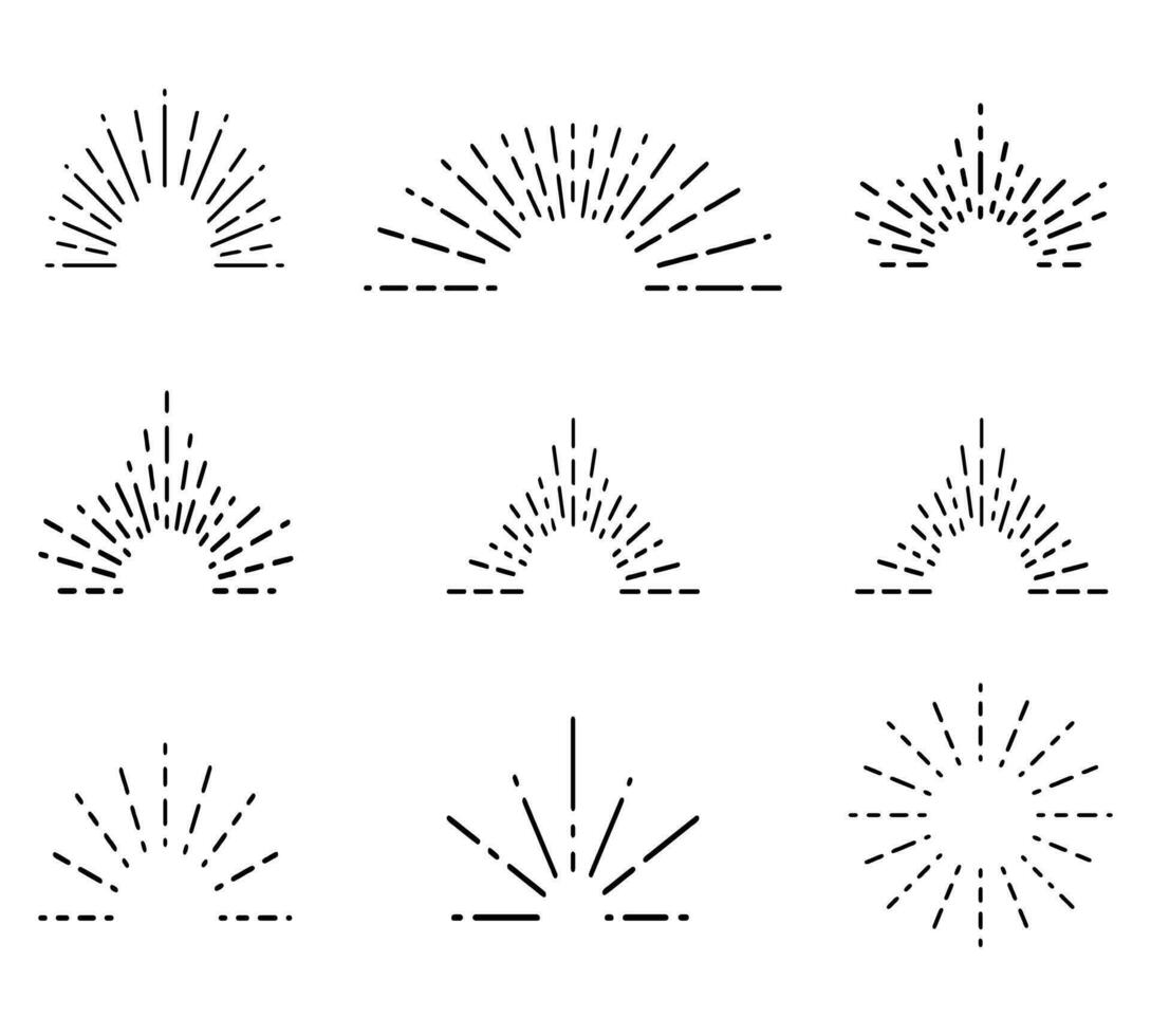 retro zonnestraal, zonsopkomst stralen, semi circulaire zonnestraal, vonk vuurwerk starburst ontwerp reeks lijn van licht vector illustratie.
