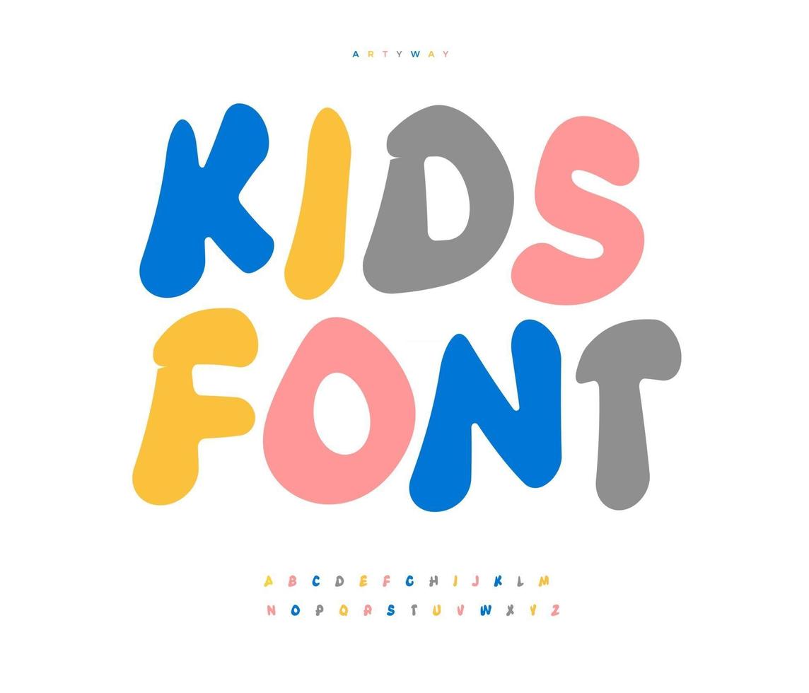 kinderen kleur alfabet cartoon en grappige kleur lettertype. modern type voor kinderspeelgoedlogo, creatieve kinderkop, kinderbelettering. plasticine deeg letters, vector typografisch ontwerp