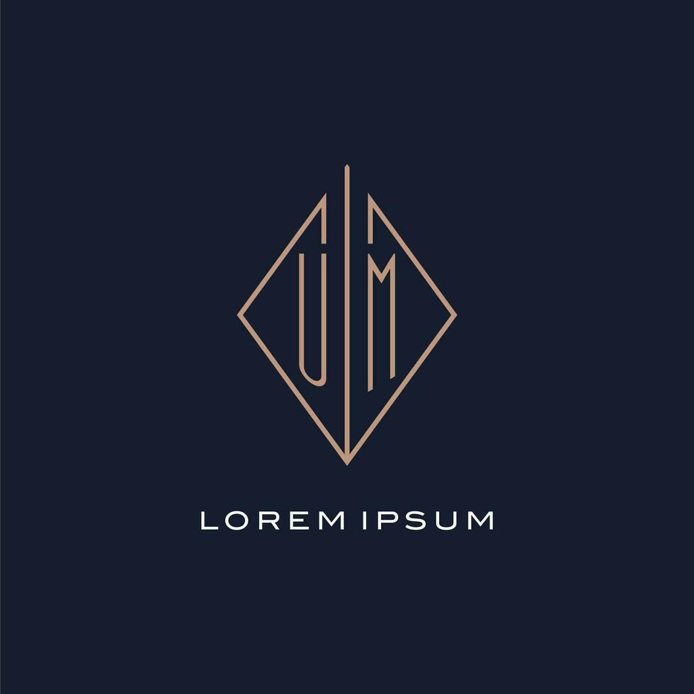 monogram um logo met diamant ruit stijl, luxe modern logo ontwerp vector