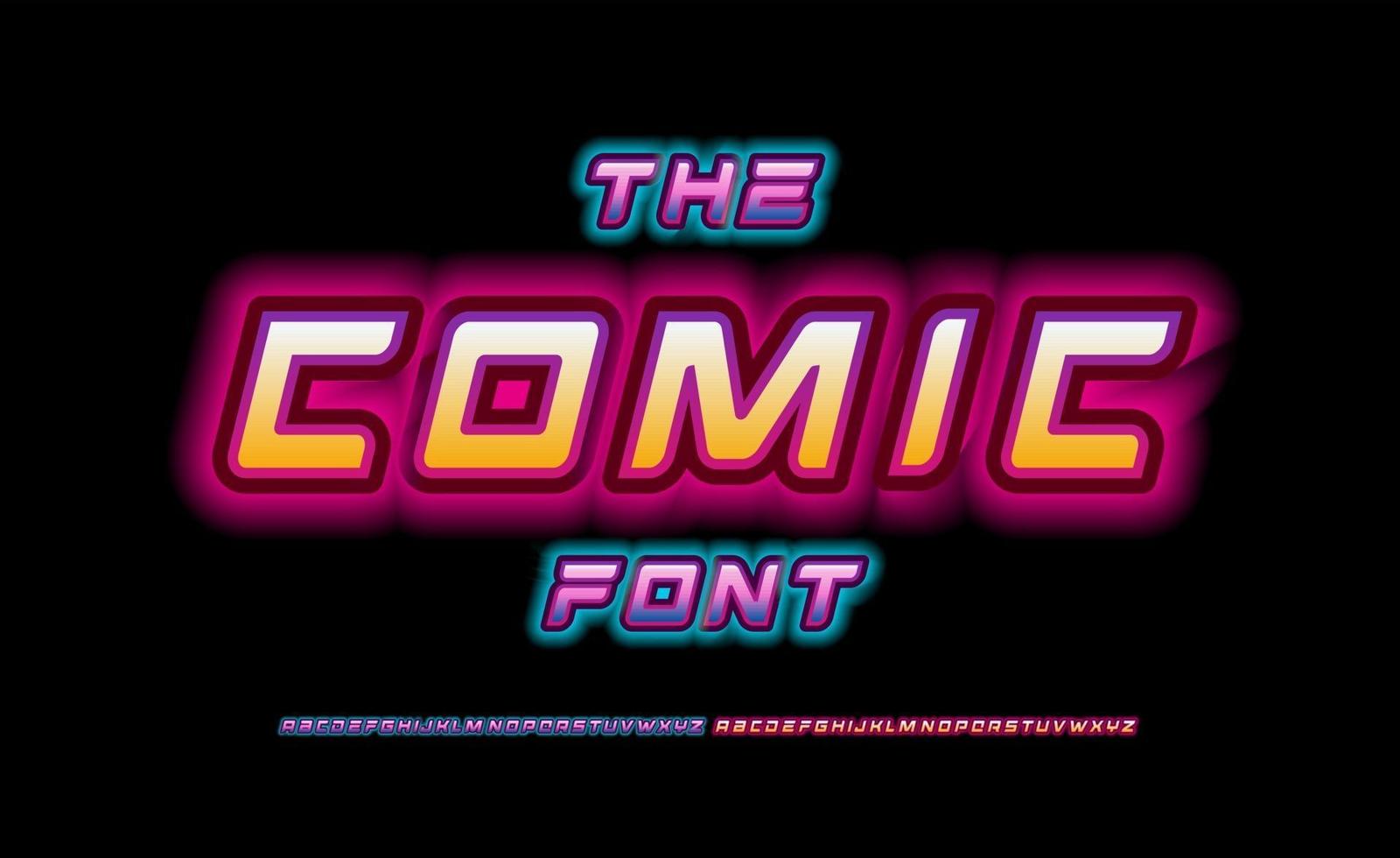 pop komische alfabet. neonlicht verbluffend lettertype, cartoontype voor modern futuristisch logo, gloeiende kop, stripboekbelettering. nachtkleur gloed stijl zonder uitgebreide letters, vector typografisch ontwerp