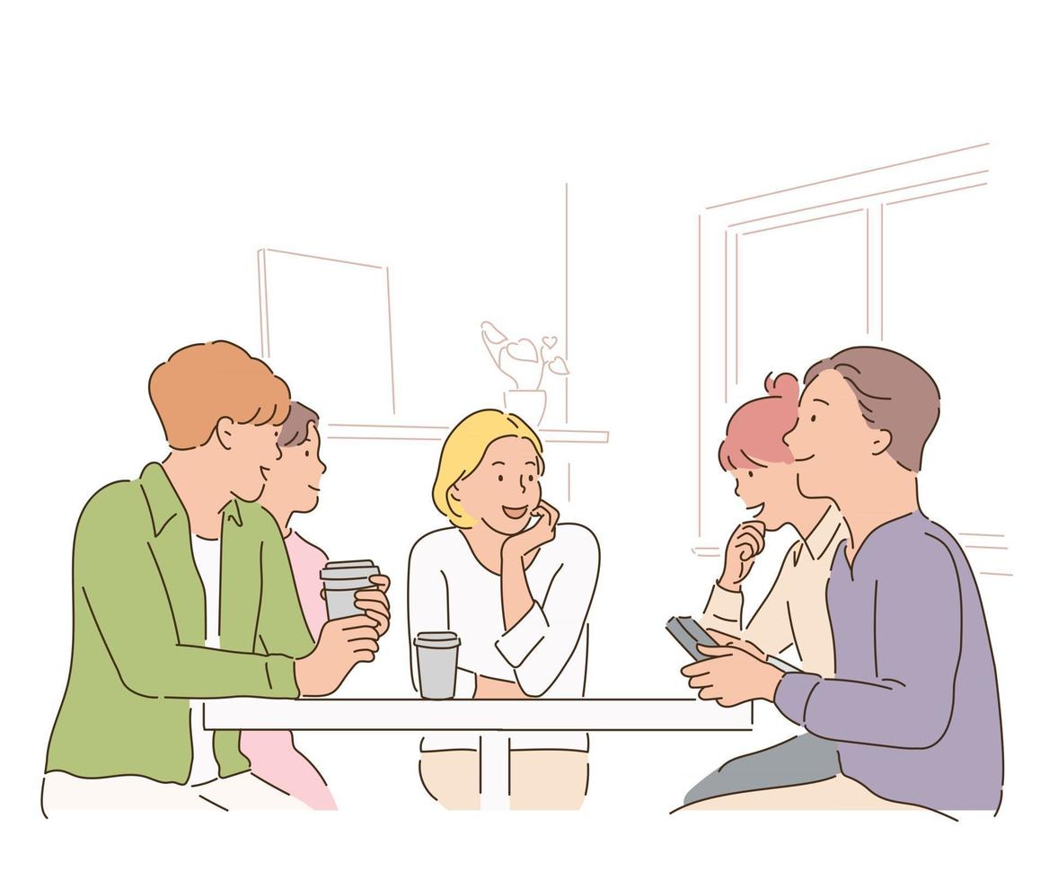 mensen zitten rond een tafel in een café en praten. handgetekende stijl vectorontwerpillustraties. vector