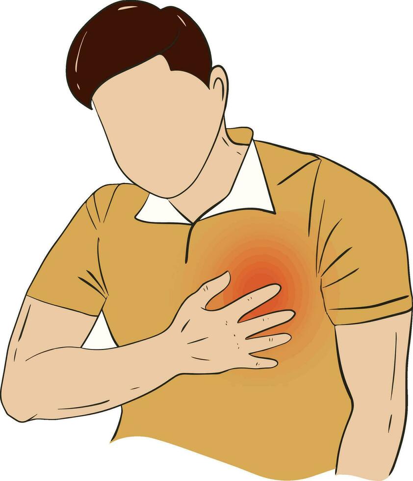 hand- getrokken tekenfilm illustratie van een Mens aanraken een hart gevechten borst pijn en lijden van hart ziekte en hart aanval. vector