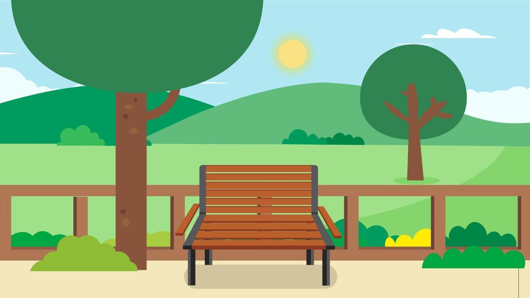 openbaar park met bank en natuurlandschap background.vector illustration.flat groen park cartoon.garden in de zomer vector