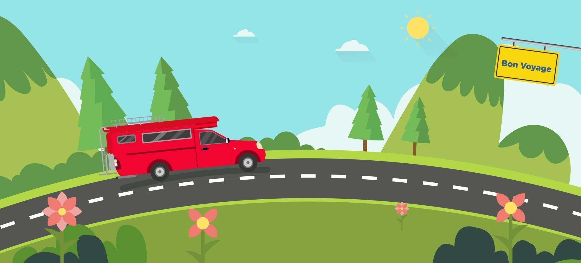 prachtige natuur landschap met bon voyage teken en heuvels background.red auto op weg met groene heuvels en blauwe sky.vintage auto thailand op straat met natuurlijke scene.vector illustratie vector