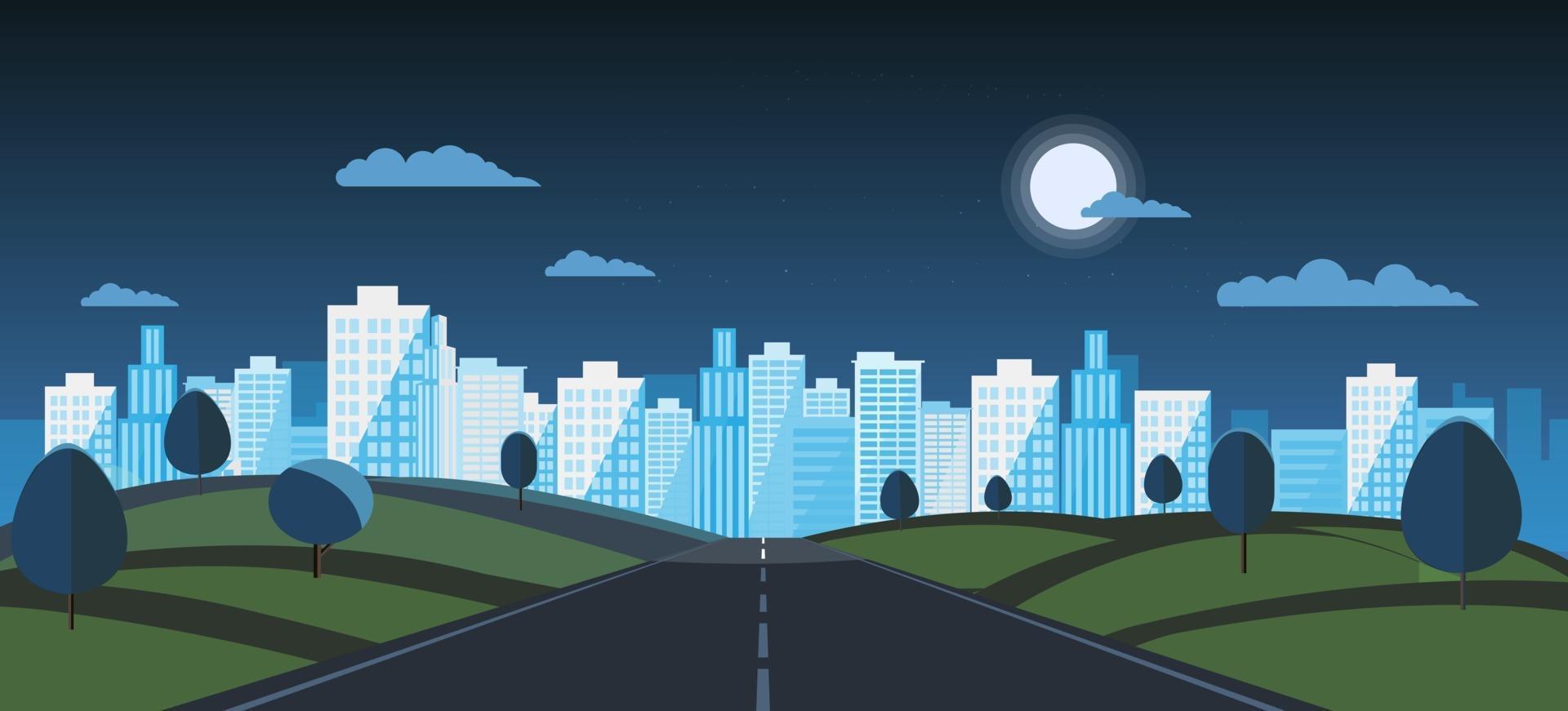 nacht openbaar park met hoofdstraat naar stad en lucht background.vector illustration.road met nacht urban.night stadsgezicht en natuurscène vector