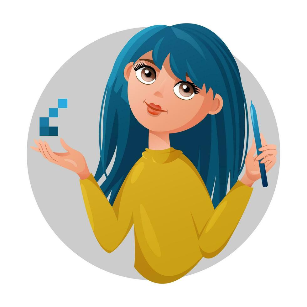 ontwerper meisje met naald. digitaal illustrator avatar. tekenfilm vlak stijl. vector
