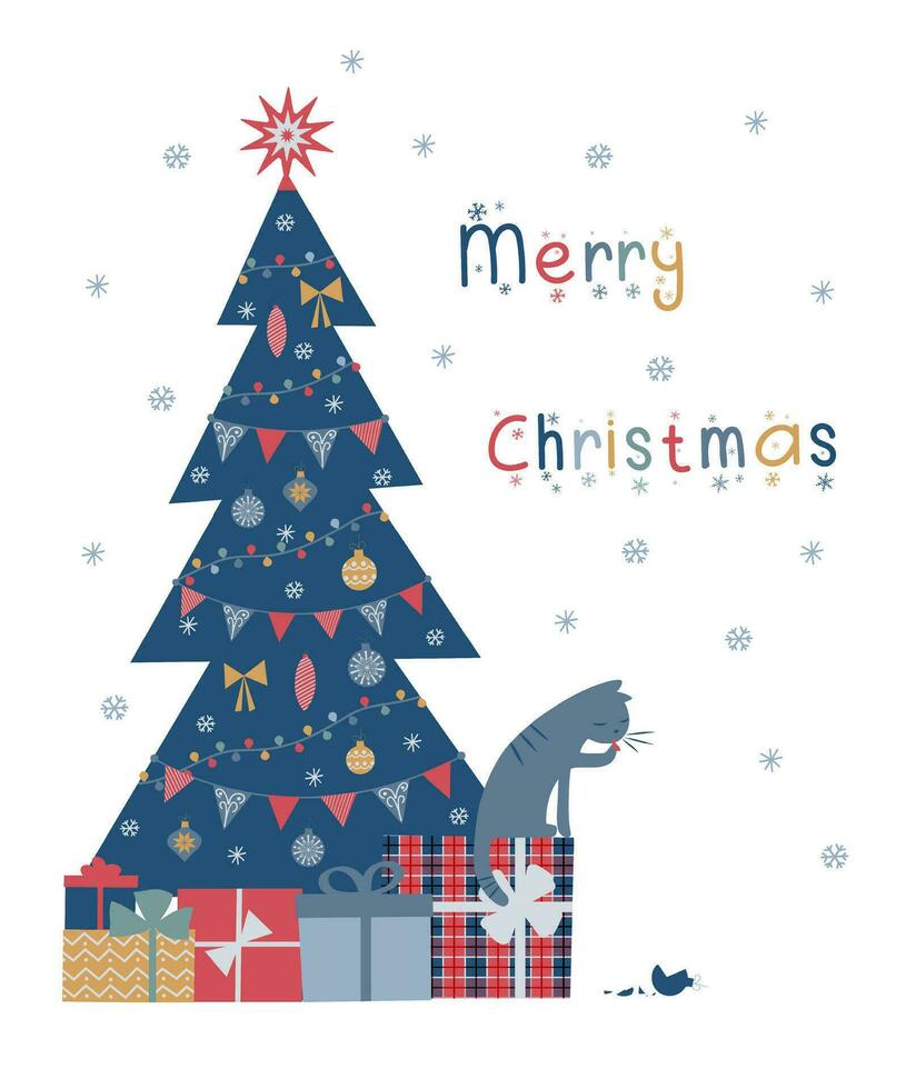 Kerstmis boom met cadeaus en een schattig kat dat kapot gegaan een speelgoed. vakantie groet kaart, plons scherm, folder. vector