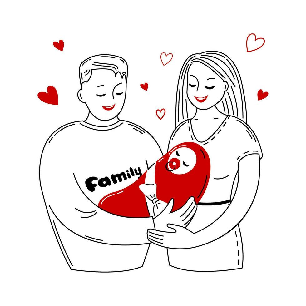 jong ouders met een baby. ouderschap. gelukkig familie concept. tekening stijl met rood kleur elementen. vector