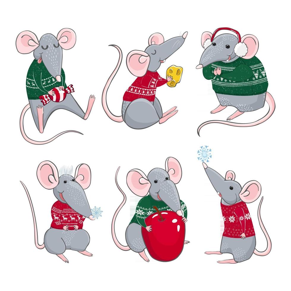 vector kleurrijke set met illustraties van ratten dragen kersttruien. nieuwjaar en kerstkarakters. kan worden gebruikt als elementen voor uw ontwerp voor wenskaarten, kalenders, prints