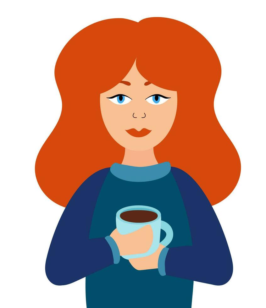 vrouw is Holding een kop van thee of koffie in haar handen. de genoegen van een heet drankje. rood haar- meisje. vector vlak illustratie.