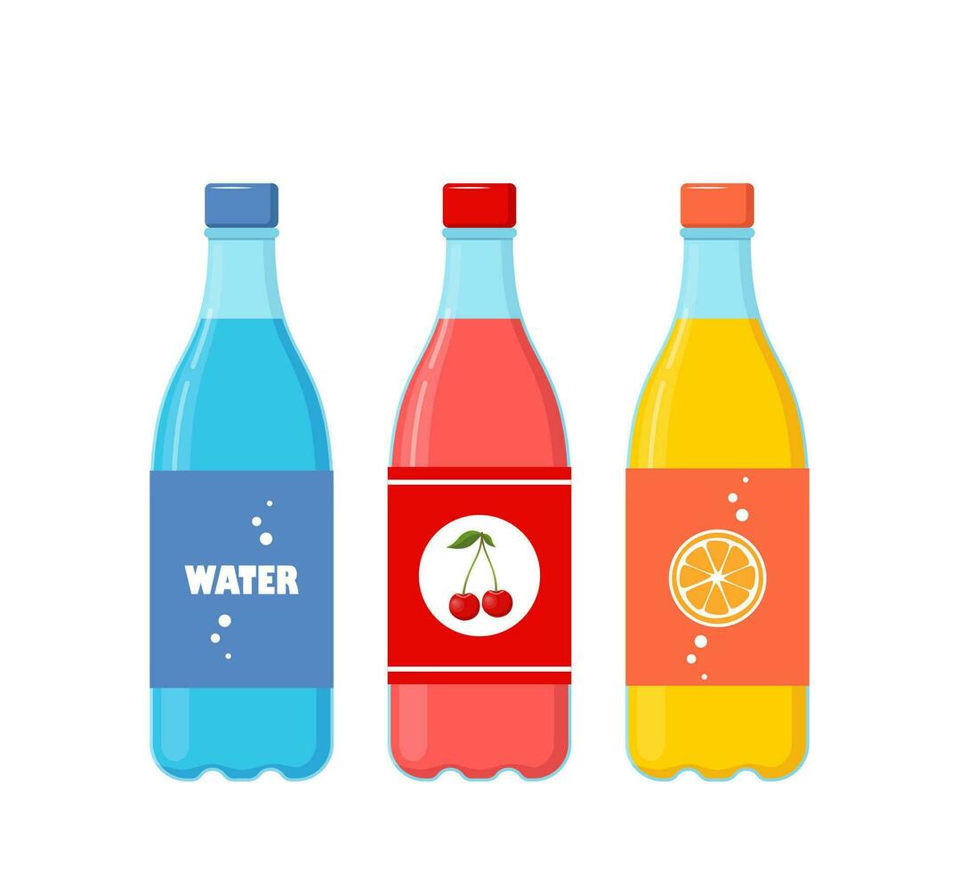 flessen van verschillend koolzuurhoudend drankjes. Frisdrank, water, sap in plastic flessen, dranken met verschillend smaken geïsoleerd Aan wit achtergrond. vector illustratie.