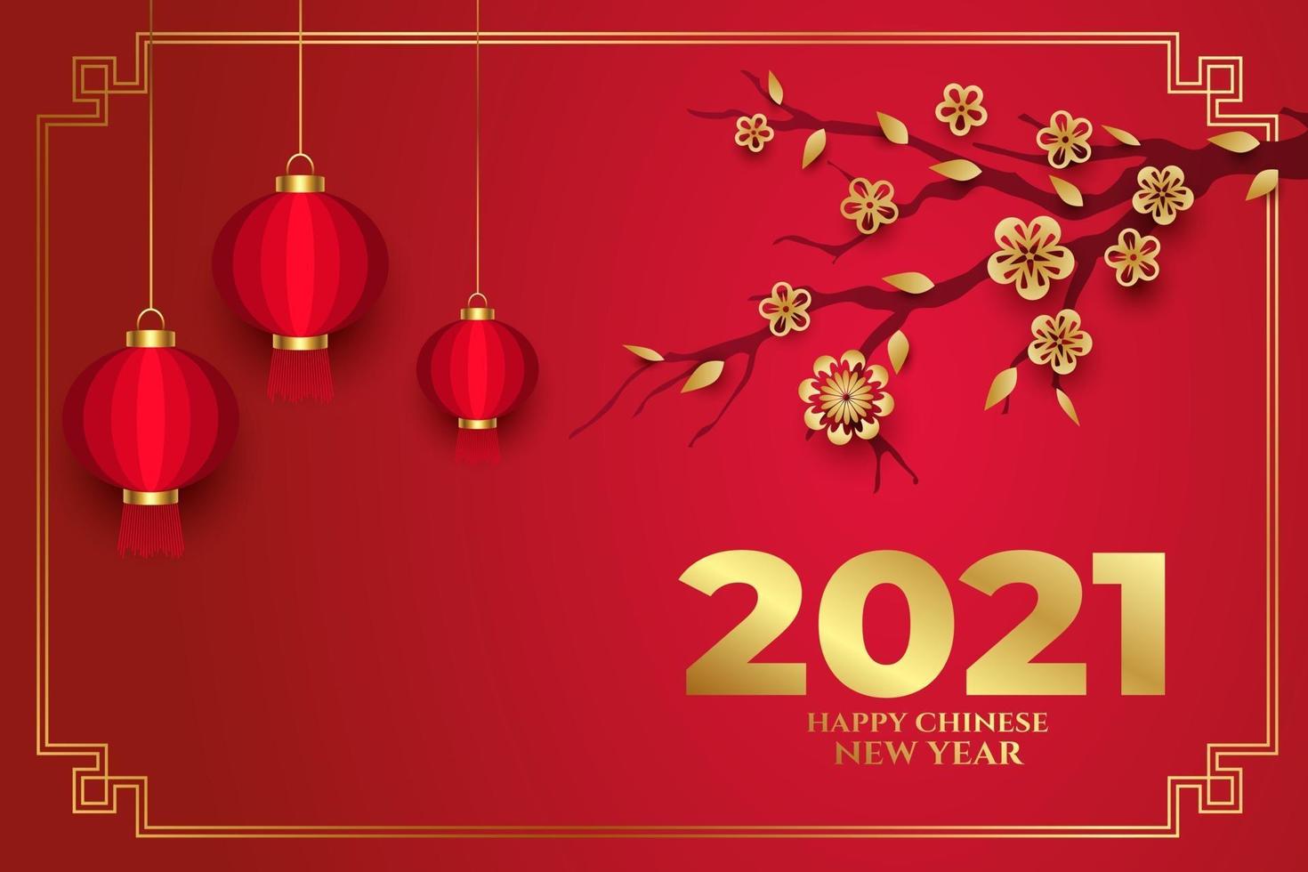 chinees nieuwjaar 2021 gekleurd rood en goud versierd met lantaarns en bloemenbomen vector