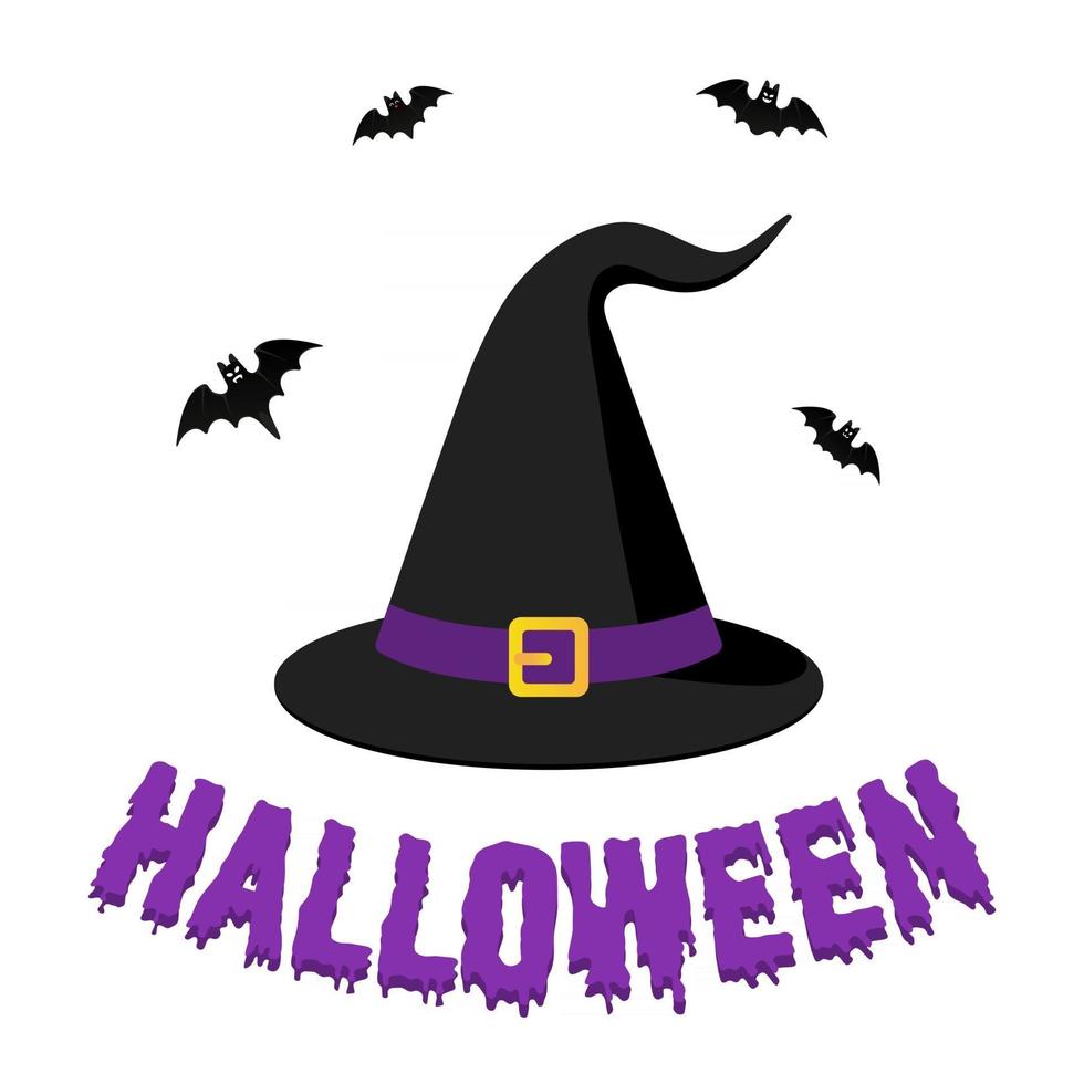 happy halloween-tekstbriefkaartbanner met grote zwarte heksenhoed vector