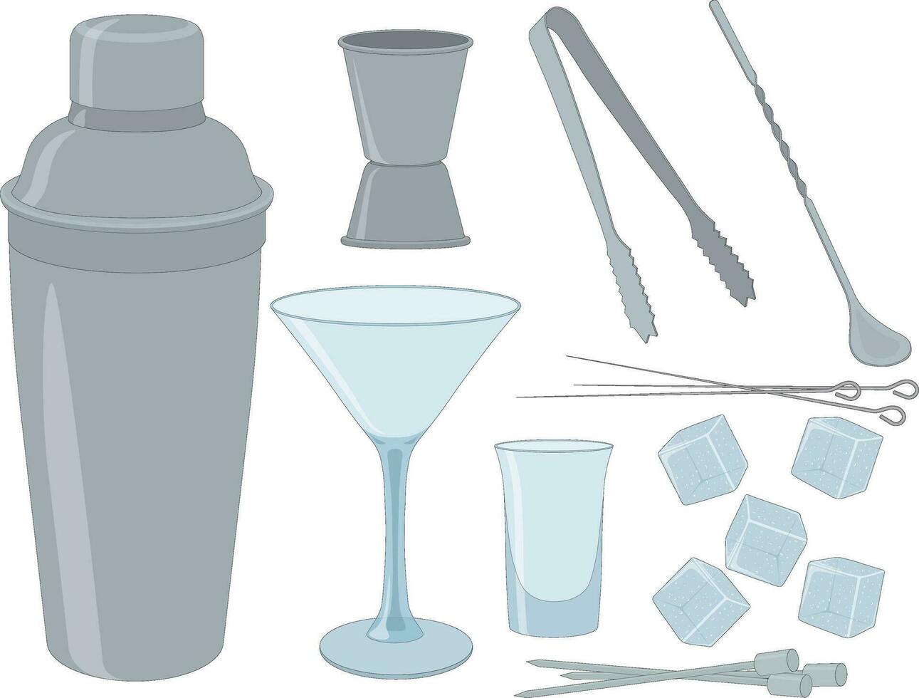 cocktail maken reeks met shaker, jigger, lepel, cocktail bril en vleespen vector illustratie