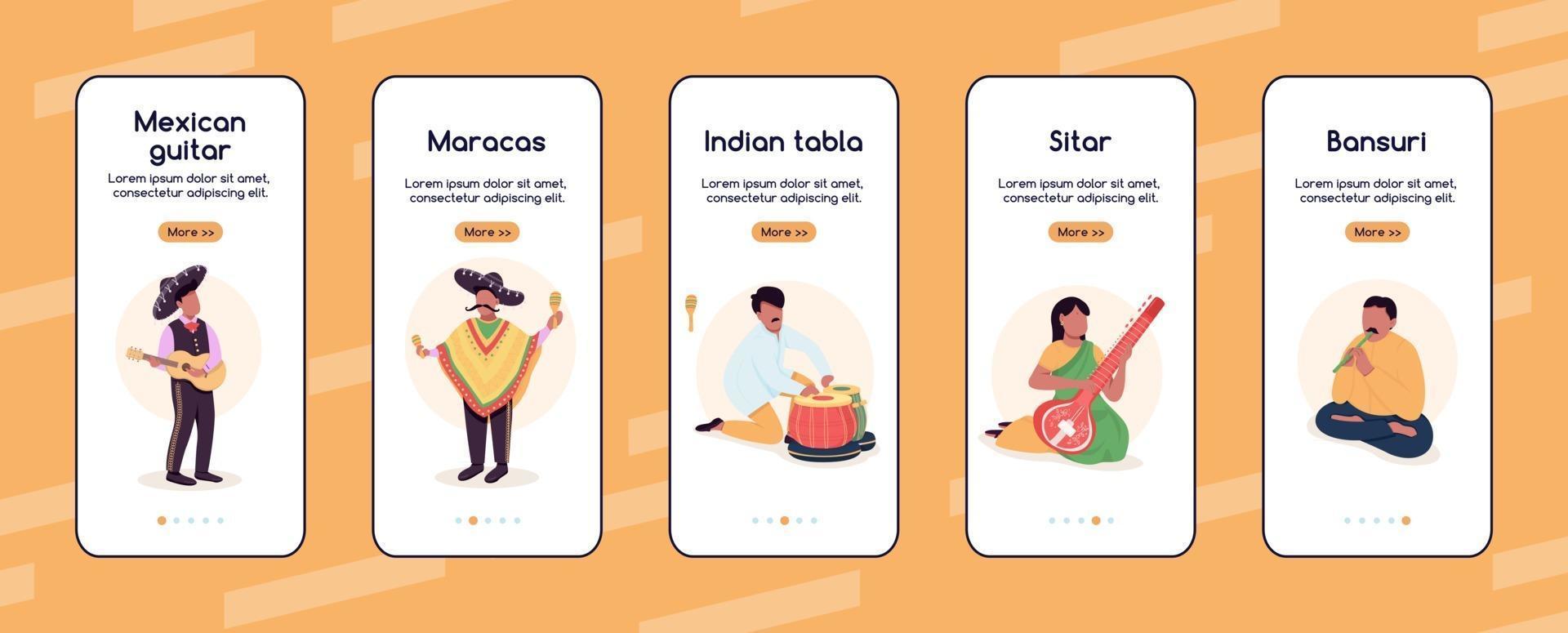 straatmuzikanten onboarding mobiele app scherm platte vector sjabloon