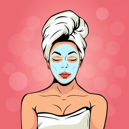 Sexy jonge vrouw in badhanddoek met kosmetisch masker op haar gezicht. Kleurrijke vectorachtergrond in pop-art retro grappige stijl. Glimlachend en ontspannend vrouwelijk gezicht. vector