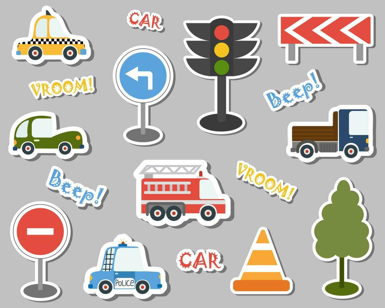 een reeks van auto stickers en weg tekens. vector illustratie.