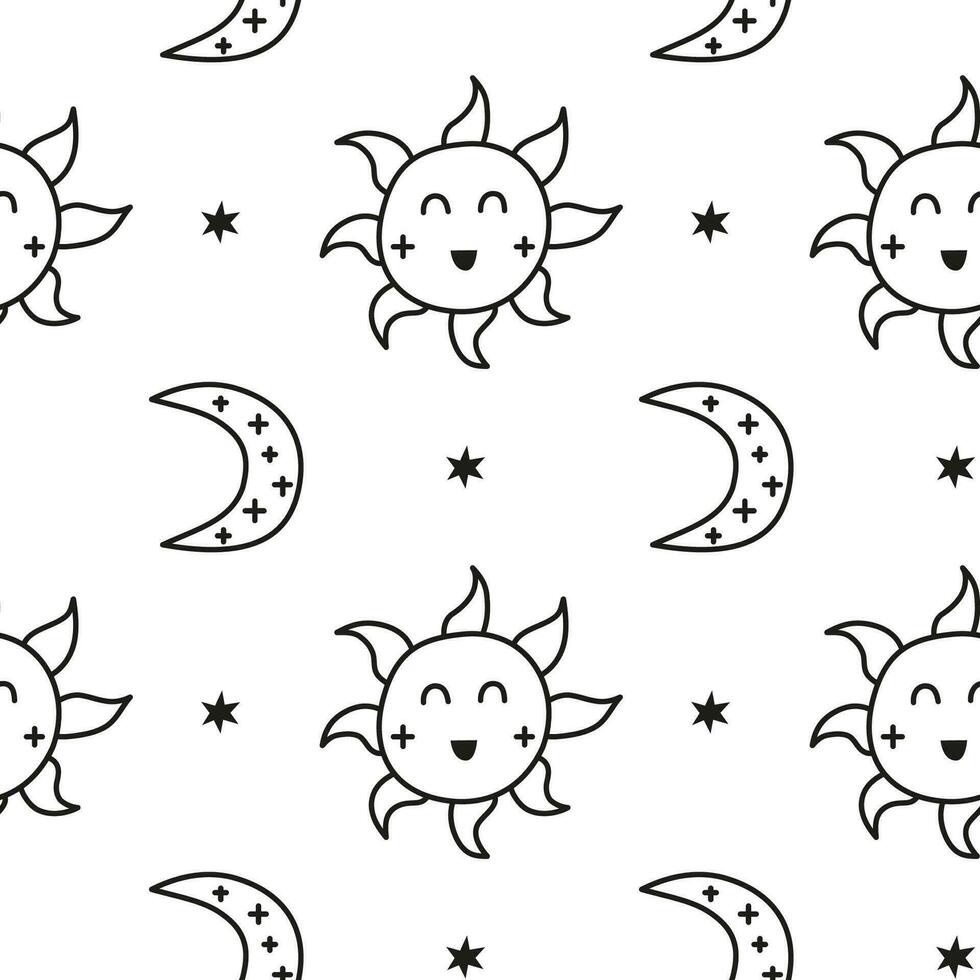 naadloos patroon met tekening zon, sterren en halve maan maan. vector
