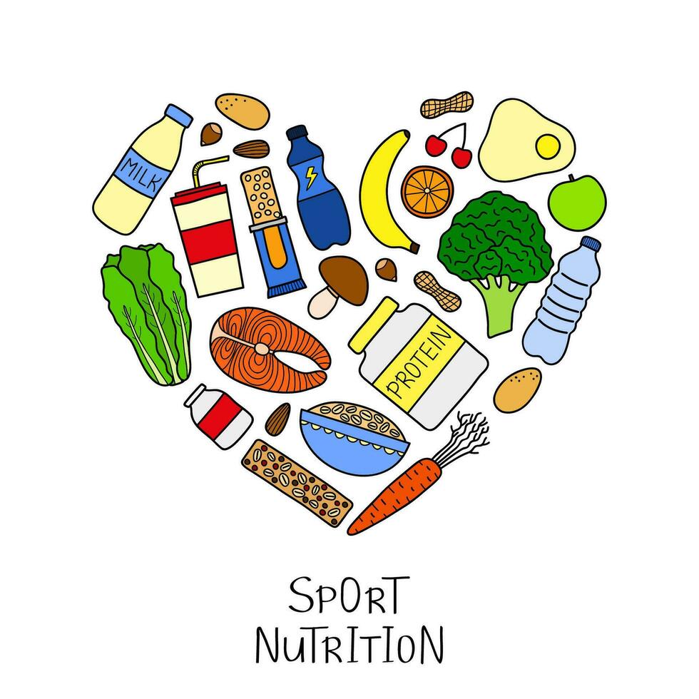 tekening sport voeding items in hart vorm geven aan. vector