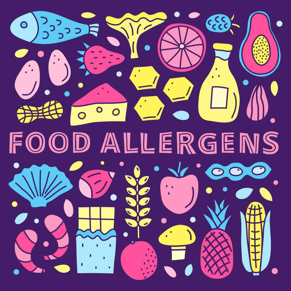 poster met belettering en tekening voedsel allergenen. vector