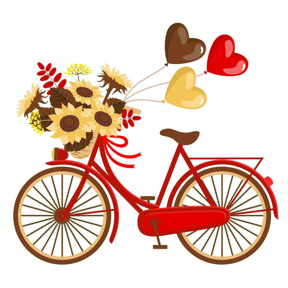 een rood fiets met een boeket van zonnebloemen en ballonnen. vector. geïllustreerd clip art. vector