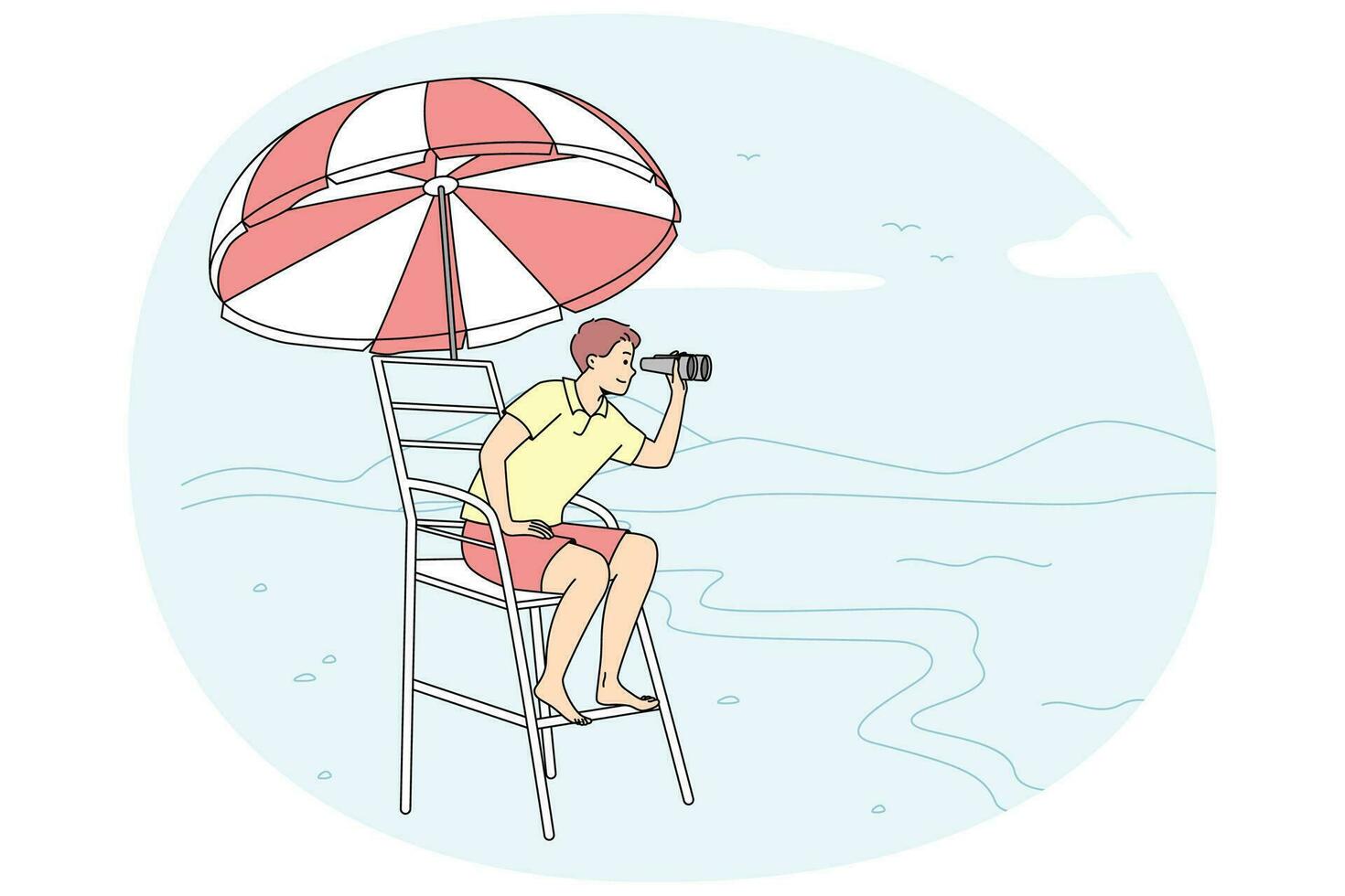 mannetje badmeester zittend Aan stoel Aan strand op zoek in verrekijker. Mens redder in nood Aan toren Bij kust. veiligheid redder en zee helpen . vector illustratie.