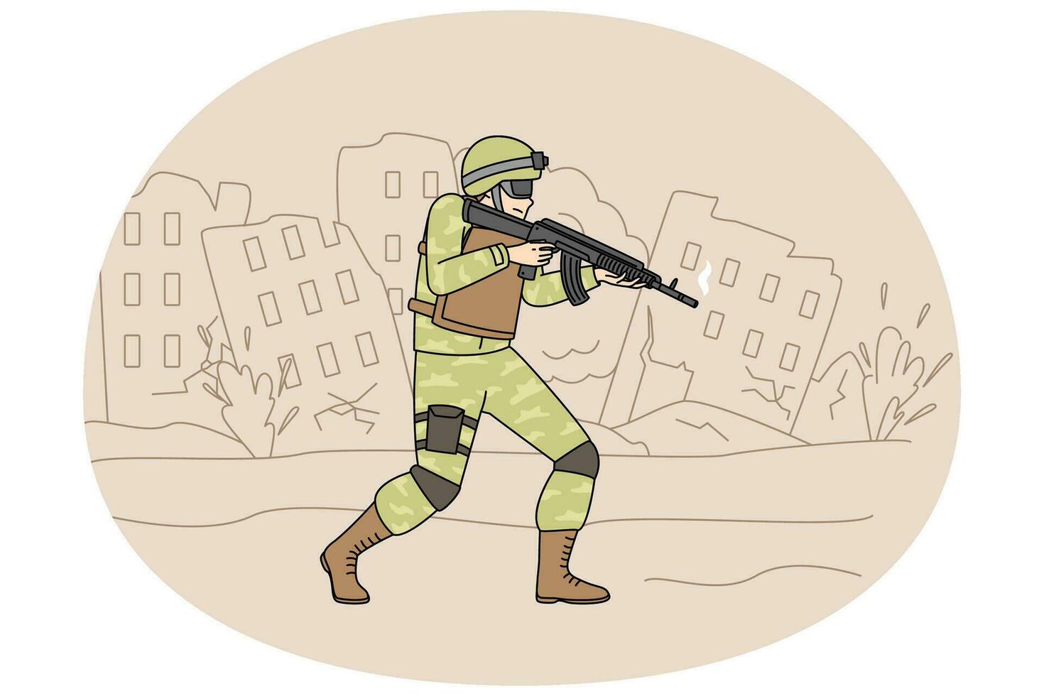 soldaat in uniform met geweer wandelen vernietigd stad beschermen land. krijger Aan leger onderhoud Bij oorlog. militair Bij voorkant. vector illustratie.