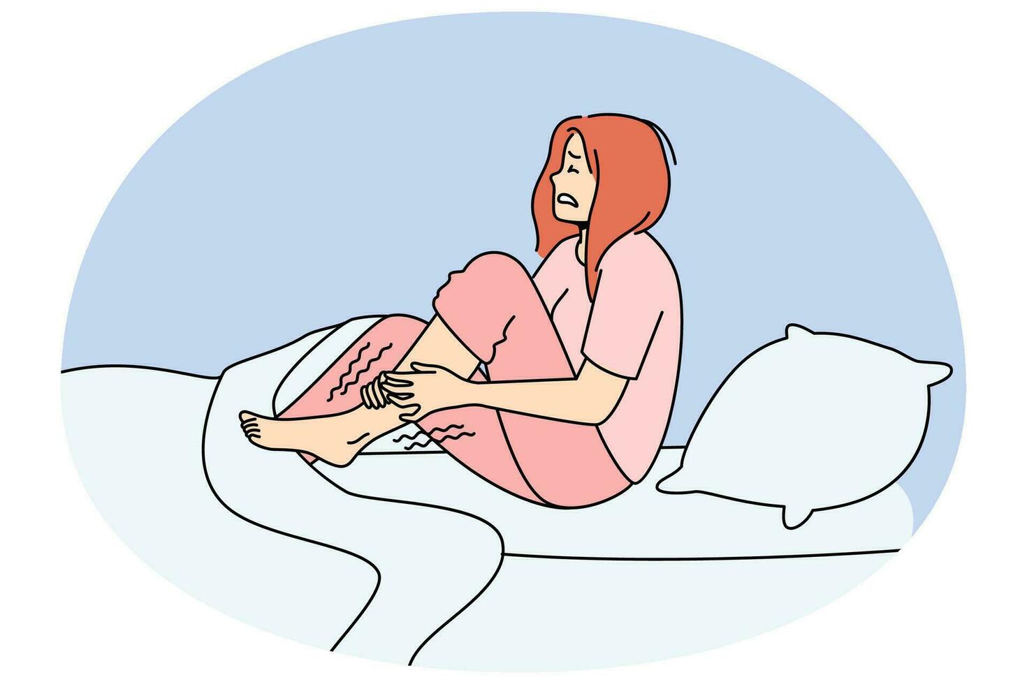 ongelukkig vrouw in bed Bij nacht lijden van rusteloos been syndroom. ongezond vrouw worstelen met kramp. gezondheidszorg concept. vector illustratie.