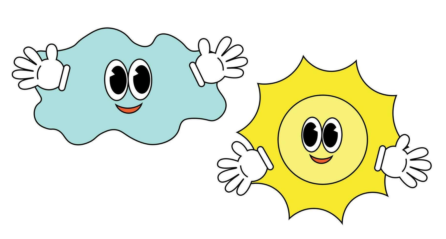 zon en wolk. karakter in groovy tekenfilm stijl in kleur vector