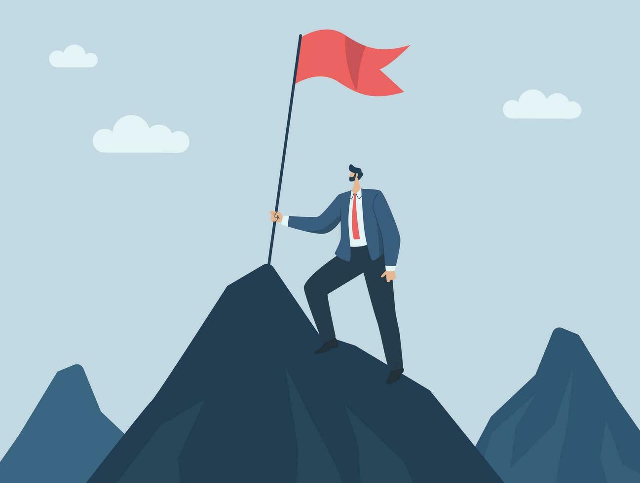 sterk zakenman leidend naar succes voor organisaties, bedrijf leiderschap persoonlijkheid werken naar verhogen de vlag van zege Aan de top van de hoogste berg. vector