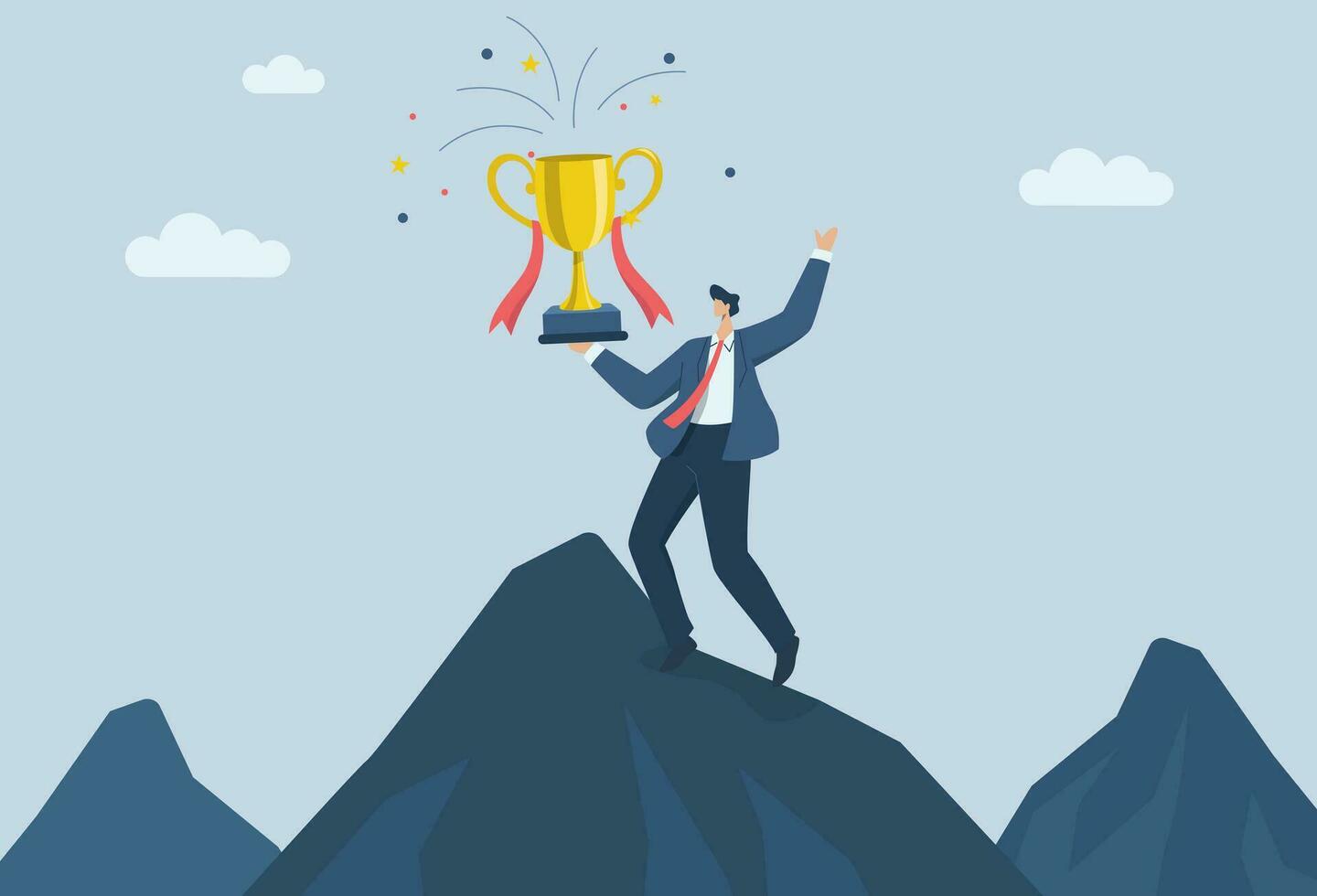 de beste succes van zakenman verhogen de trofee, zakenman vieren winnend zege trofee Aan de top van berg, vector ontwerp illustratie.