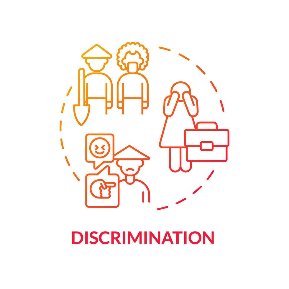 discriminatie rood helling concept icoon. geslacht ongelijkheid. migrant arbeider. landbouw medewerker. arbeid markt. ronde vorm lijn illustratie. abstract idee. grafisch ontwerp. gemakkelijk naar gebruik vector