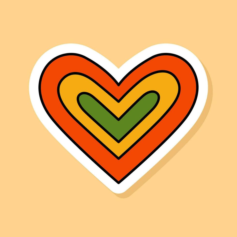 vector ranbow hart sticker geïsoleerd Aan geel achtergrond. jaren 70 stijl tekenfilm icoon wit contour