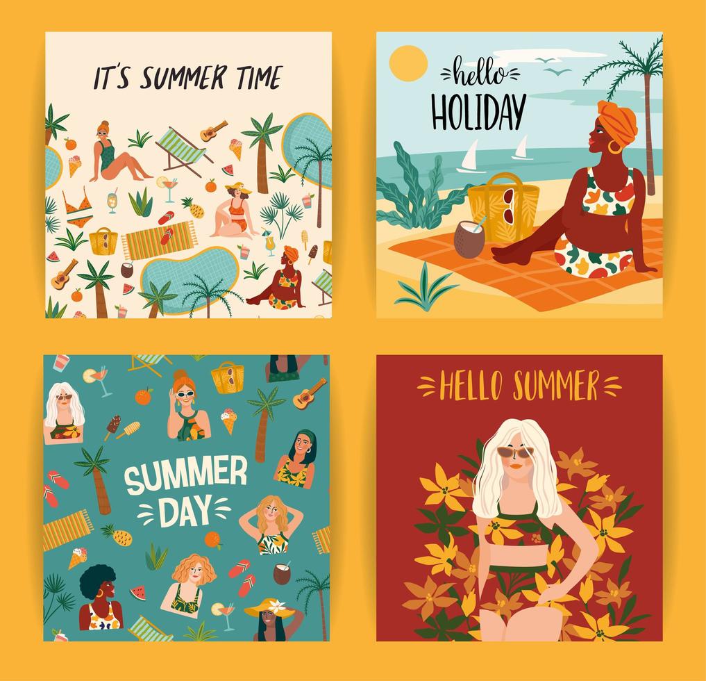 set van heldere zomerillustraties met schattige vrouwen zomervakantie vakantiereizen vector