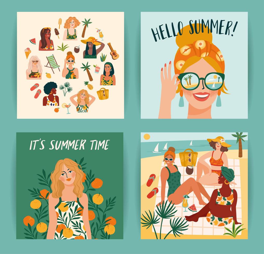 set van heldere zomerillustraties met schattige vrouwen zomervakantie vakantiereizen vector