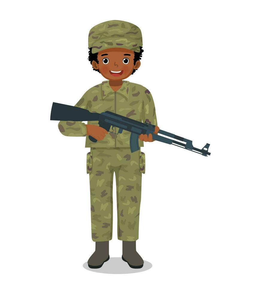 schattig weinig Afrikaanse jongen slijtage camouflage soldaat gevecht uniform Holding geweer- geweer vector