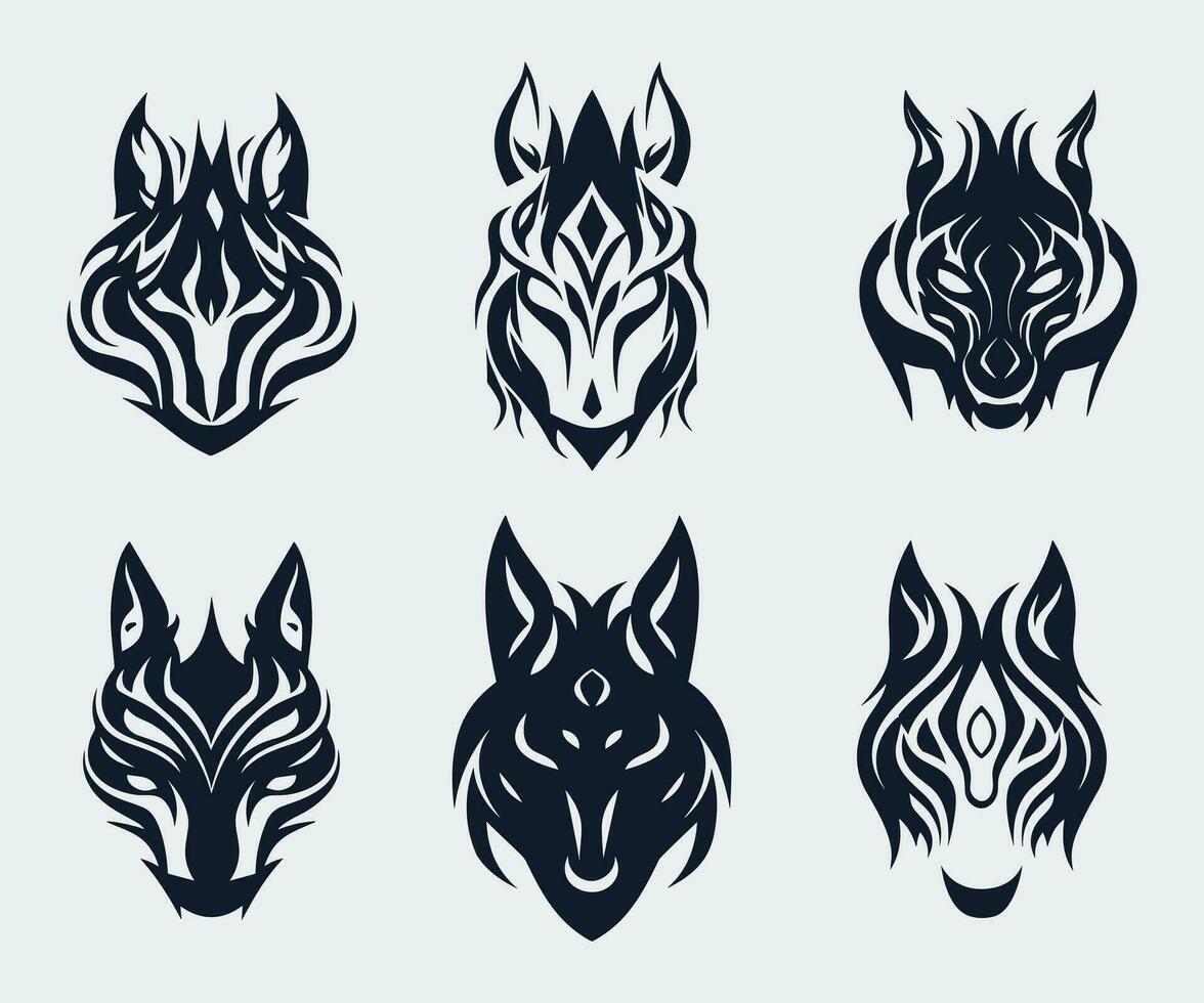 tribal wolf hoofd tatoeëren, in de stijl van vereenvoudigd hond figuren, harig kunst, oosters geïnspireerd motieven, gegraveerde ornamenten, wervelende draaikolken, vloeiende lijnen vector