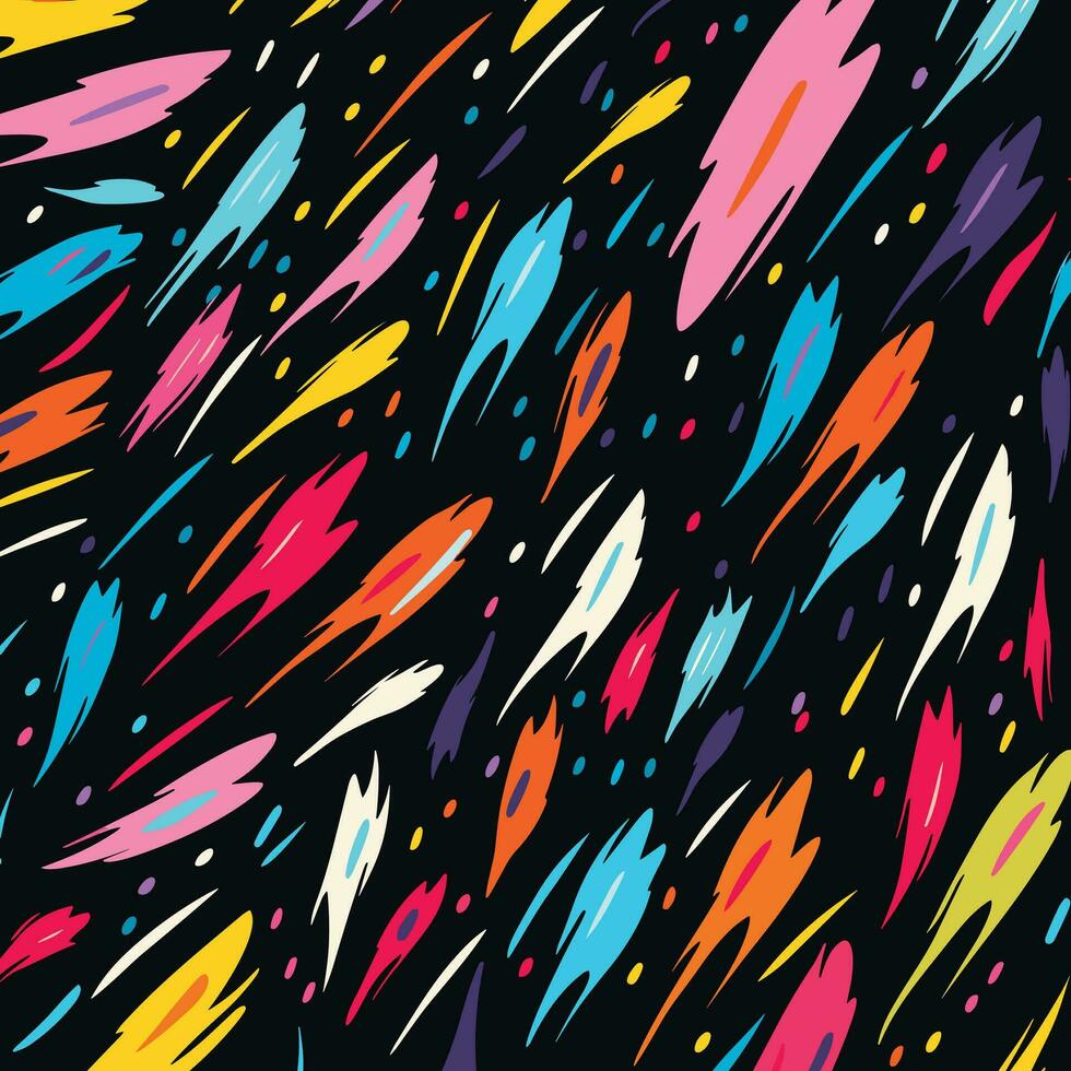 kleurrijk borstel beroertes patroon Aan een zwart achtergrond, in de stijl van gemakkelijk vormen, vormig canvas, schattig cartoonesk ontwerpen, pastel punk, afgerond, kleurrijk vector