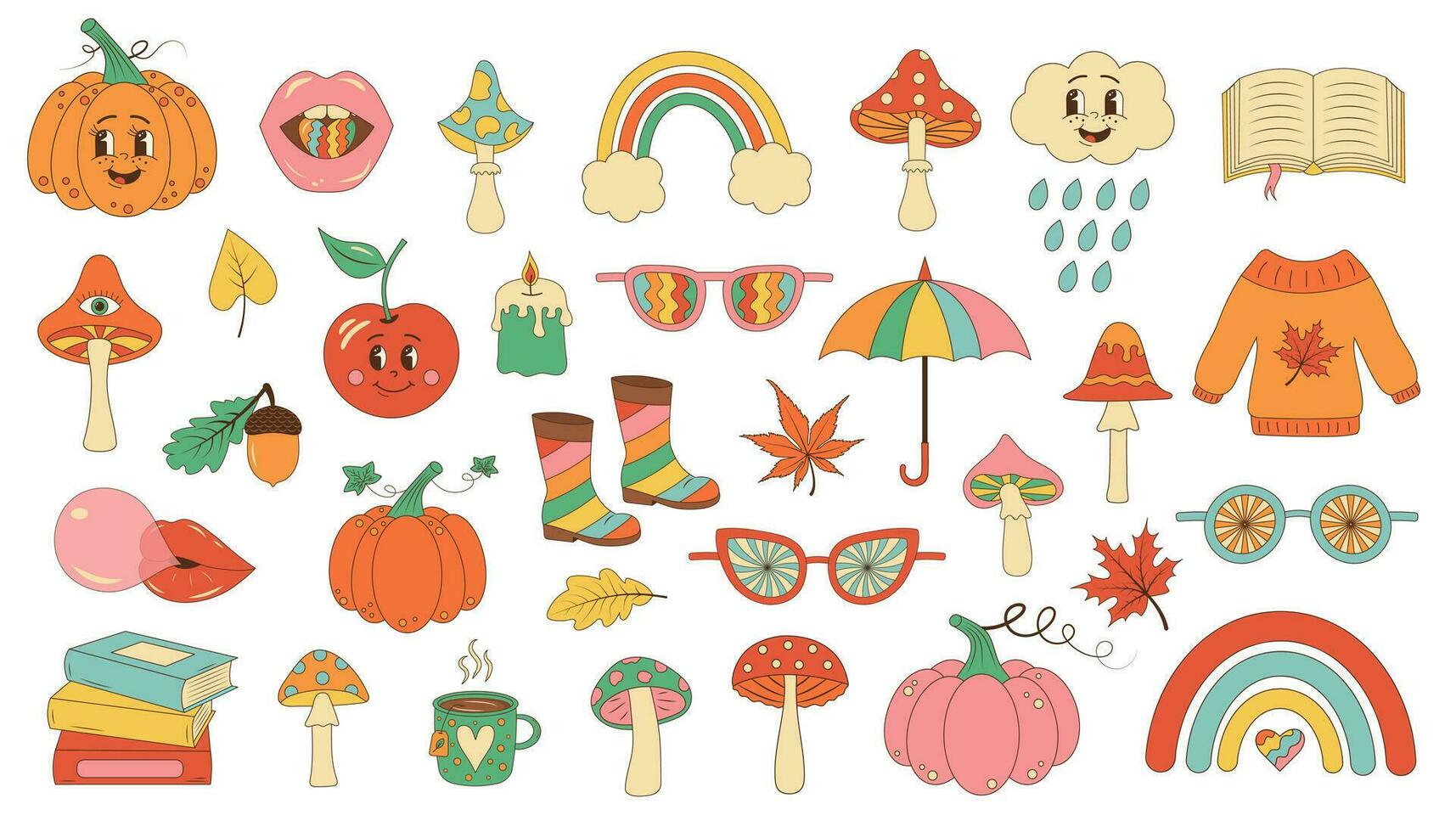 groovy retro herfst set. vallen psychedelisch schattig pictogrammen jaren 60, jaren 70. hippie esthetisch verzameling. vallen gevoel decoratief vector vlak symbolen.