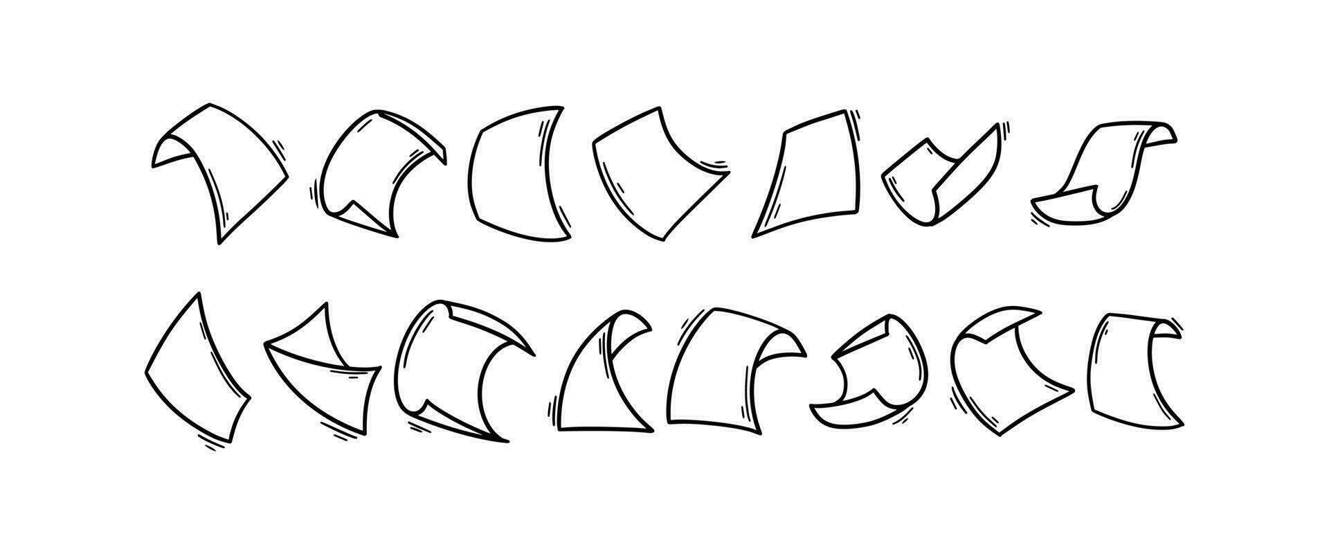 vliegend papier lakens in tekening stijl. hand- getrokken blanco document Pagina's. vallend bestanden van documenten. kantoor bedrijf vector illustratie.