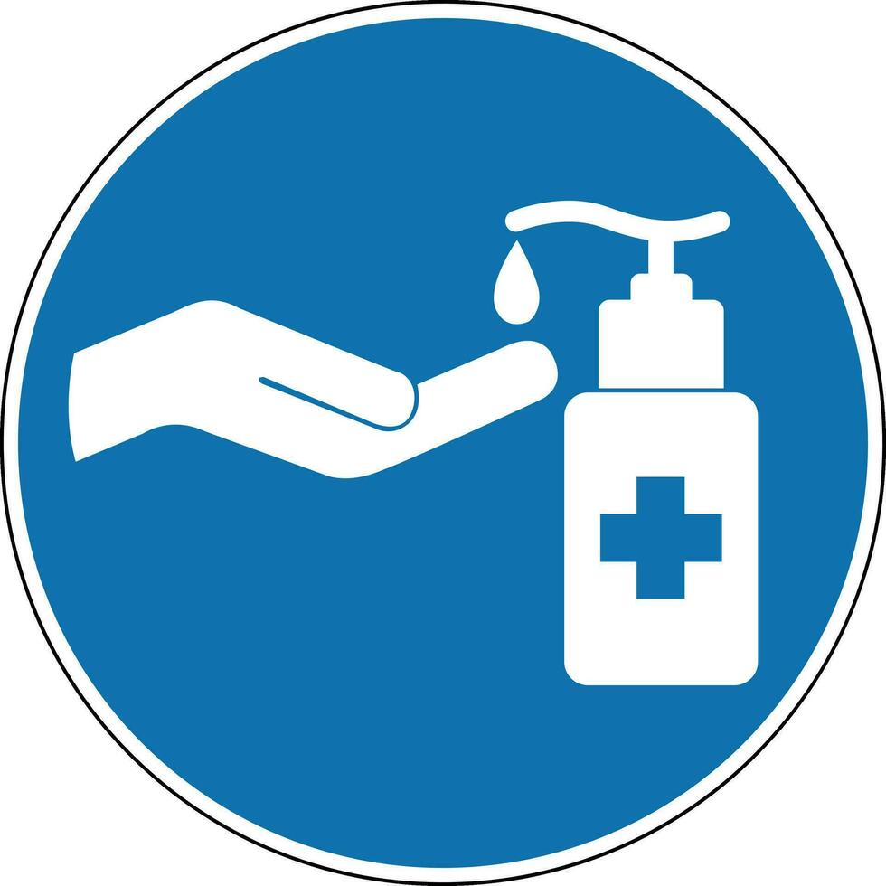 hand- ontsmettingsmiddel teken. verplicht teken. ronde blauw teken. gebruik hand- hygiëne producten. wassen en desinfecteren uw handen. volgen de reglement van hygiëne. vector